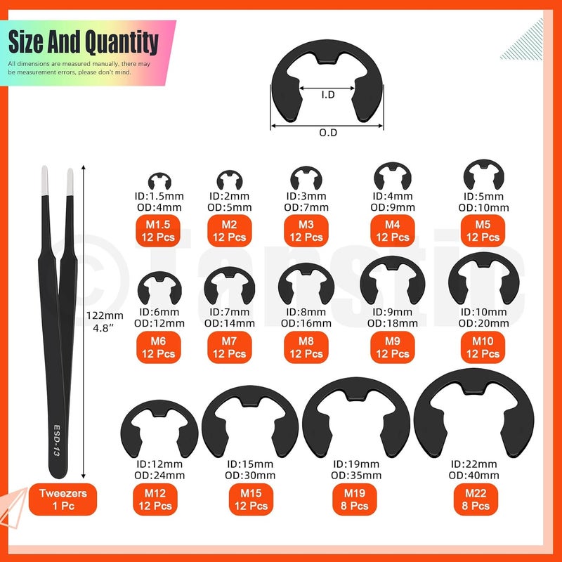 Tanstic 260Pcs Internal Tooth Star Lock Washers and E-Clip Push On Locking Washers Quick Speed Locking Washers External Retaining Ring with Tweezers for Machinery Equipment, Bearings, Shafts - Image 2
